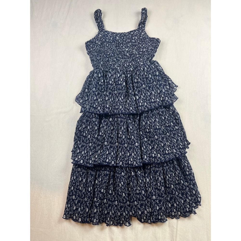 Nordstrom Girls Navy Blue White Floral Smocked Tiered Midi Dress Size L 10/12